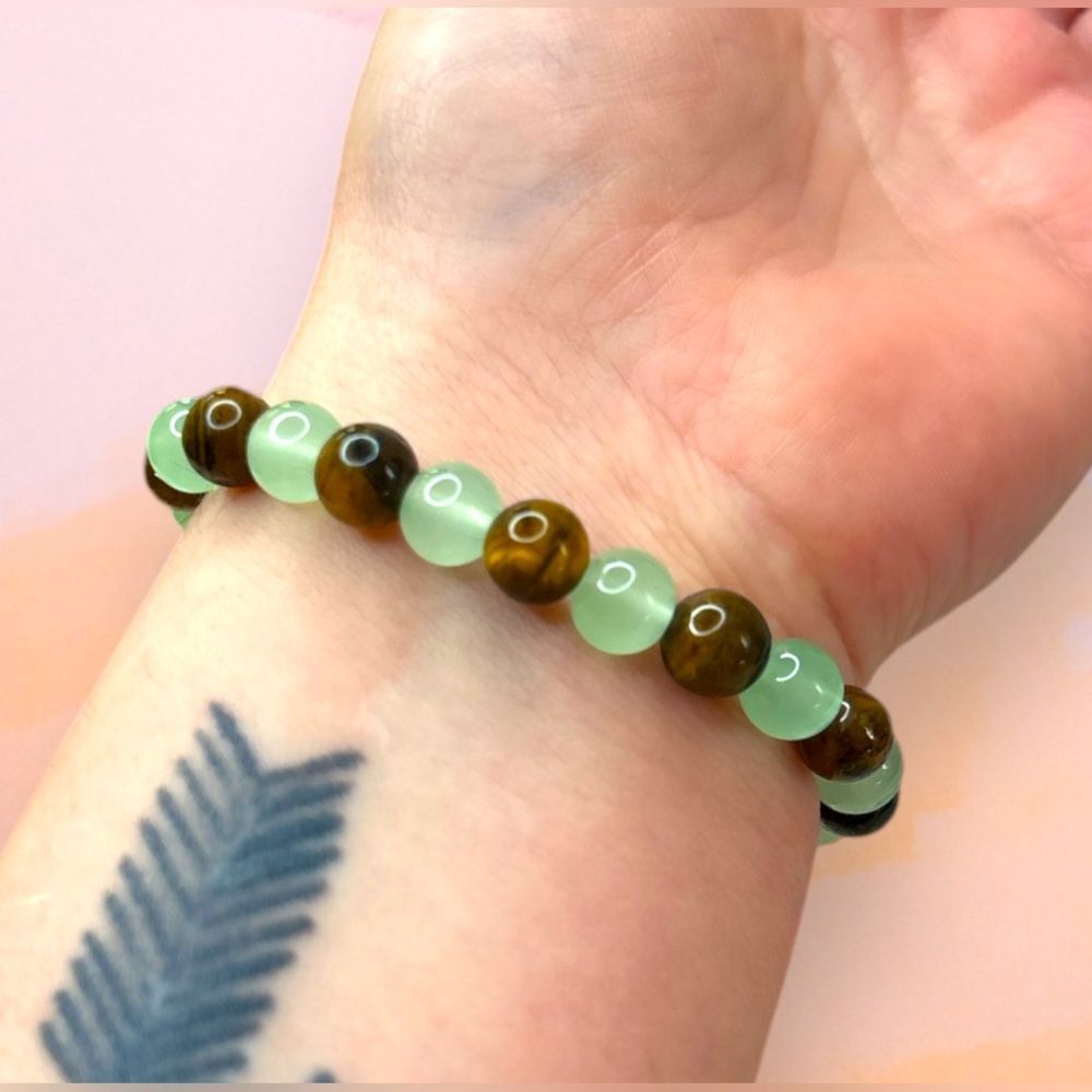Tigers Eye Green Aventurine Beaded Chakra Bracelet Handmade Abundance Luck Money